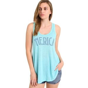 Cozy Zoe Aqua MERICA Graphic Racerback Tank Top Shirt Women's Size L Holiday New